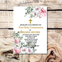 第一聖餐式マグノリアのピンクの白い花 招待状