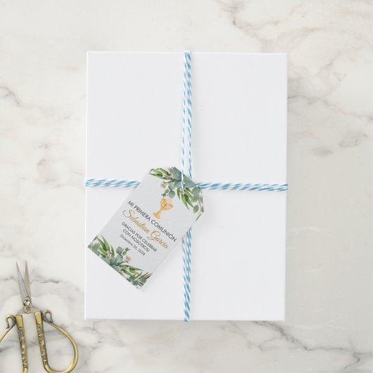 第一聖餐式葉でかわいいスペインの緑の ギフトタグ (より糸付き)