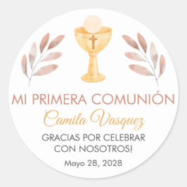 第一聖餐式葉でかわいいピンクスペインのクの ラウンドシール