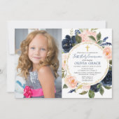 第一聖餐式赤面ピンクのネイビーブルーの写真 招待状 (正面)