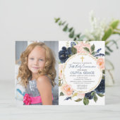 第一聖餐式赤面ピンクのネイビーブルーの写真 招待状 (スタンド正面)