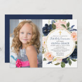 第一聖餐式赤面ピンクのネイビーブルーの写真 招待状 (正面/裏面)