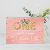 第一誕生日、金ゴールドグリッター紙吹雪、珊瑚色 招待状 (スタンド正面)