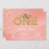 第一誕生日、金ゴールドグリッター紙吹雪、珊瑚色 招待状 (正面/裏面)