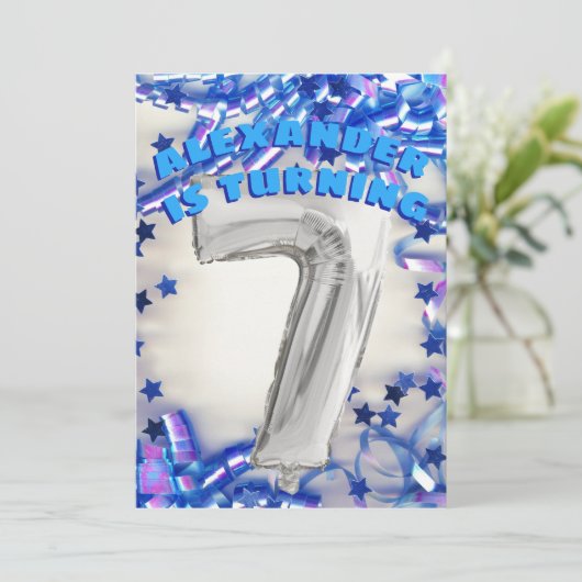 第七誕生日シルバーアンドブルーエイジ7ボーイズパーティー 招待状 (スタンド正面)