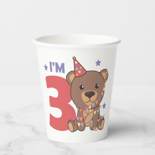 第三誕生日クマ子供用3歳紙 紙コップ (正面)