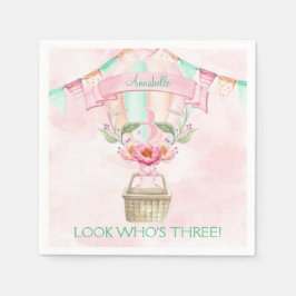 第三誕生日ホットエアバルーンミントピンクピーチ スタンダードカクテルナプキン