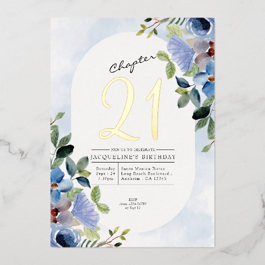 第二十一章青フローラ二十一歳金ゴールド 箔招待状 (正面)