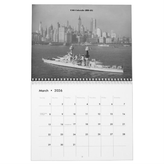 第二次世界大戦の米国戦艦 カレンダー (3月 2026)