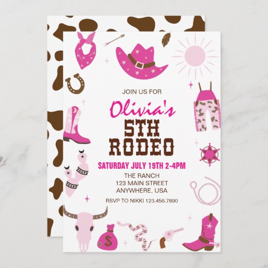 第五ロデオホットピンクウェスタン第5誕生日 招待状 (正面/裏面)