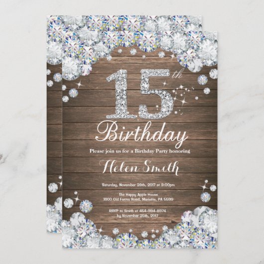 第素朴15誕生日銀ダイヤモンド 招待状 (正面/裏面)