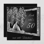 第00回誕生日パーティー |シルバーグリッターとブラック 招待状 (正面/裏面)