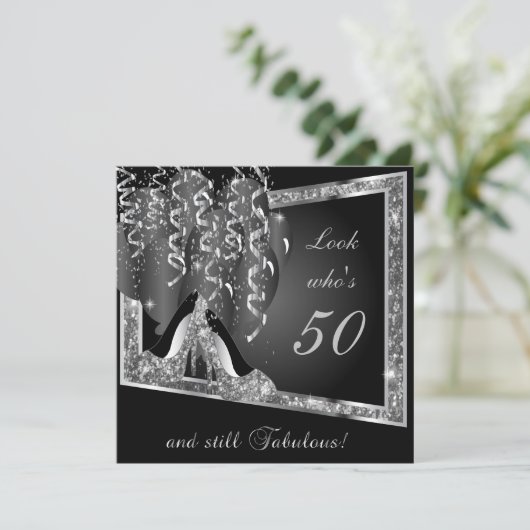 第00回誕生日パーティー |シルバーグリッターとブラック 招待状 (スタンド正面)