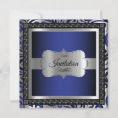 第00回誕生日パーティー |ダークブルーメタリック&シルバー 招待状 (正面)