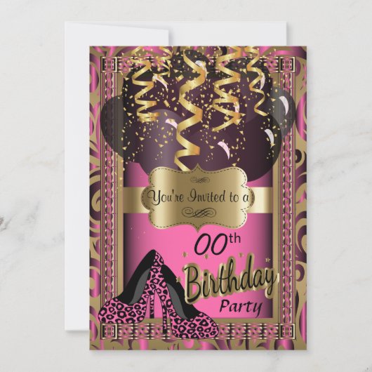 第00回誕生日パーティー |ピンクハイヒールヒョウ 招待状 (正面)