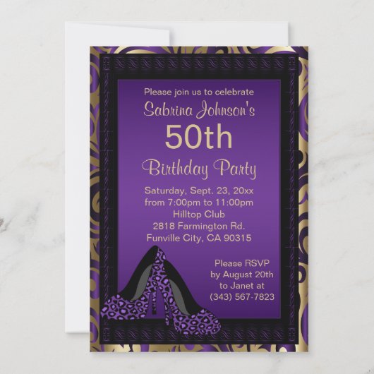 第00回誕生日パーティー |紫のハイヒールヒョウ 招待状 (裏面)