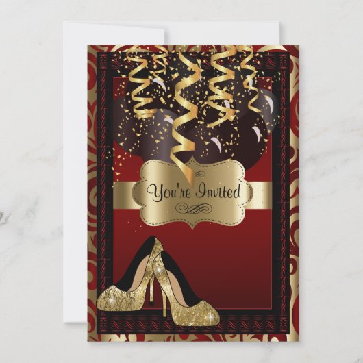 第00回誕生日パーティー | 金ゴールドハイヒールヒョウ 招待状 (正面)