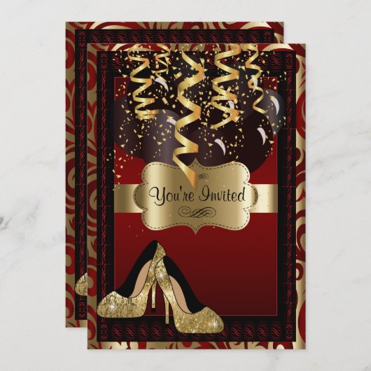 第00回誕生日パーティー | 金ゴールドハイヒールヒョウ 招待状 (正面/裏面)