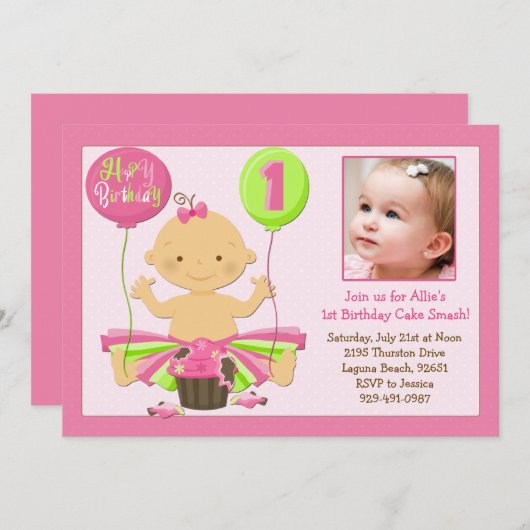 第1お誕生日ケーキの粉砕のパーティの招待状 招待状 (正面/裏面)