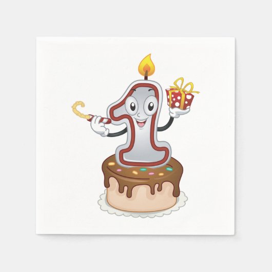 第1お誕生日ケーキハッピーキャンドル紙ナプキンス スタンダードカクテルナプキン (正面)