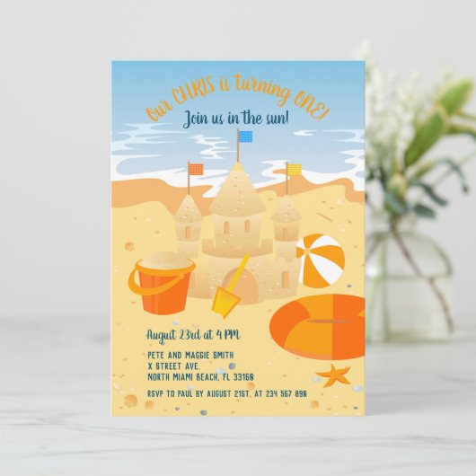 第1の誕生日の砂城とビーチおもしろいパーティー 招待状 (スタンド正面)