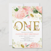 第1の誕生日ガール、赤面ピンク金ゴールドエレガントフローラ 招待状 (正面)