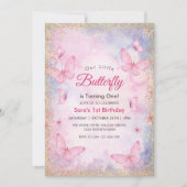 第1の誕生日グリッターピンク蝶パーティー 招待状 (正面)