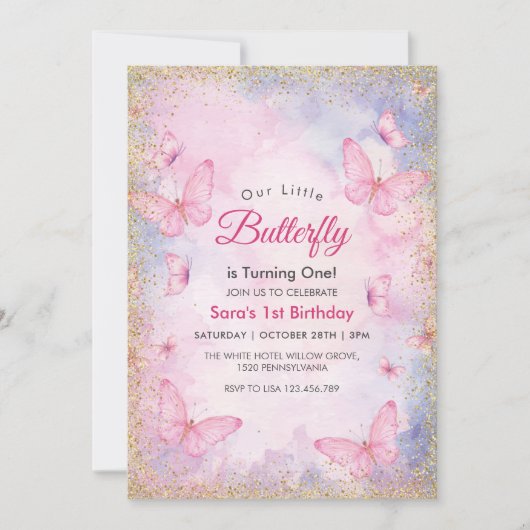 第1の誕生日グリッターピンク蝶パーティー 招待状 (正面)