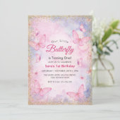 第1の誕生日グリッターピンク蝶パーティー 招待状 (スタンド正面)