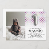第1の誕生日グリッターポートレート 招待状 (正面/裏面)