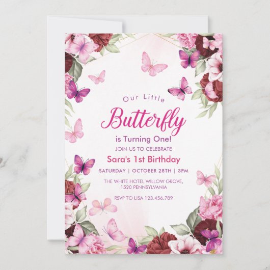 第1の誕生日シックなフローラ蝶パーティー 招待状 (正面)