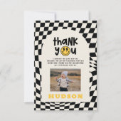 第1の誕生日スマイル顔レトロ白黒groovy サンキューカード (正面)