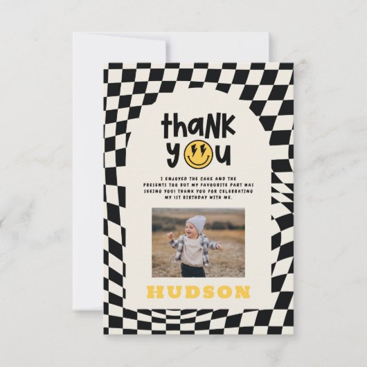 第1の誕生日スマイル顔レトロ白黒groovy サンキューカード (正面)