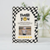 第1の誕生日スマイル顔レトロ白黒groovy サンキューカード (スタンド正面)