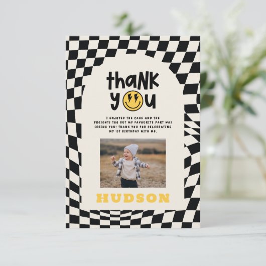 第1の誕生日スマイル顔レトロ白黒groovy サンキューカード (スタンド正面)