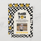 第1の誕生日スマイル顔レトロ白黒groovy サンキューカード (正面/裏面)