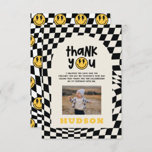 第1の誕生日スマイル顔レトロ白黒groovy サンキューカード