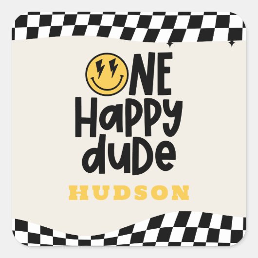 第1の誕生日スマイル顔レトロ白黒groovy スクエアシール (正面)