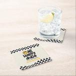 第1の誕生日スマイル顔レトロ白黒groovy スクエアペーパーコースター<br><div class="desc">第1の誕生日スマイル顔レトロ黒、白と黄色のグルービー光ボルトの誕生日パーティーデコクールーコースター。</div>