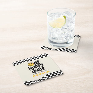 第1の誕生日スマイル顔レトロ白黒groovy スクエアペーパーコースター