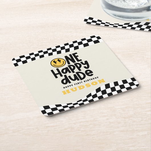 第1の誕生日スマイル顔レトロ白黒groovy スクエアペーパーコースター (アングル)
