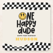 第1の誕生日スマイル顔レトロ白黒groovy スクエアペーパーコースター (正面)