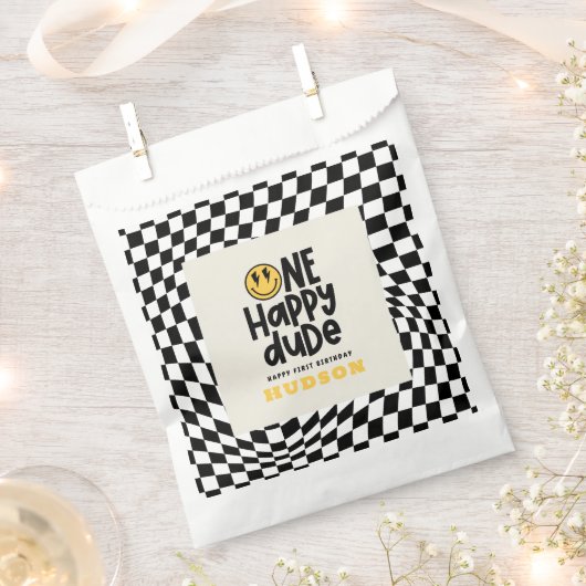 第1の誕生日スマイル顔レトロ白黒groovy フェイバーバッグ (クリップ留めされた状態)