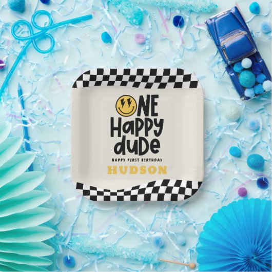 第1の誕生日スマイル顔レトロ白黒groovy ペーパープレート (パーティー)