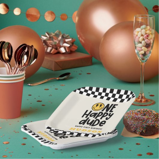 第1の誕生日スマイル顔レトロ白黒groovy ペーパープレート (複数)