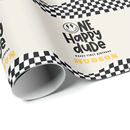 第1の誕生日スマイル顔レトロ白黒groovy ラッピングペーパー (ロールコーナー)