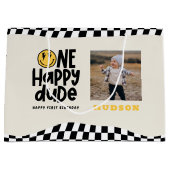 第1の誕生日スマイル顔レトロ白黒groovy ラージペーパーバッグ (正面)