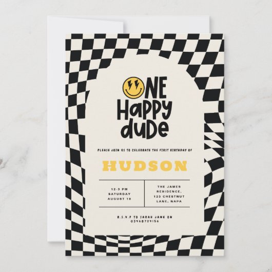 第1の誕生日スマイル顔レトロ白黒groovy 招待状 (正面)