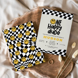 第1の誕生日スマイル顔レトロ白黒groovy 招待状