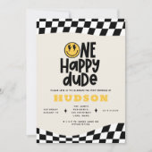 第1の誕生日スマイル顔レトロ白黒groovy 招待状 (正面)